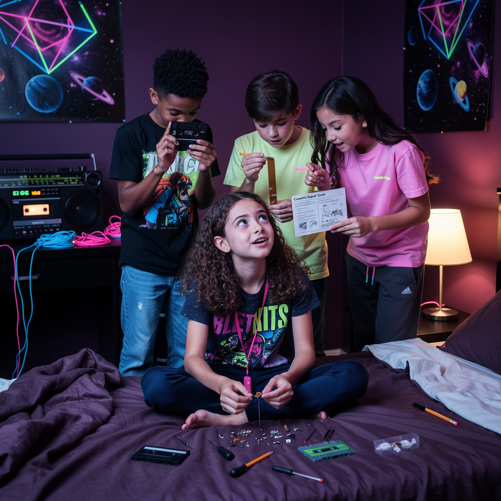 She asks her 4 friends to come fix the cassette.