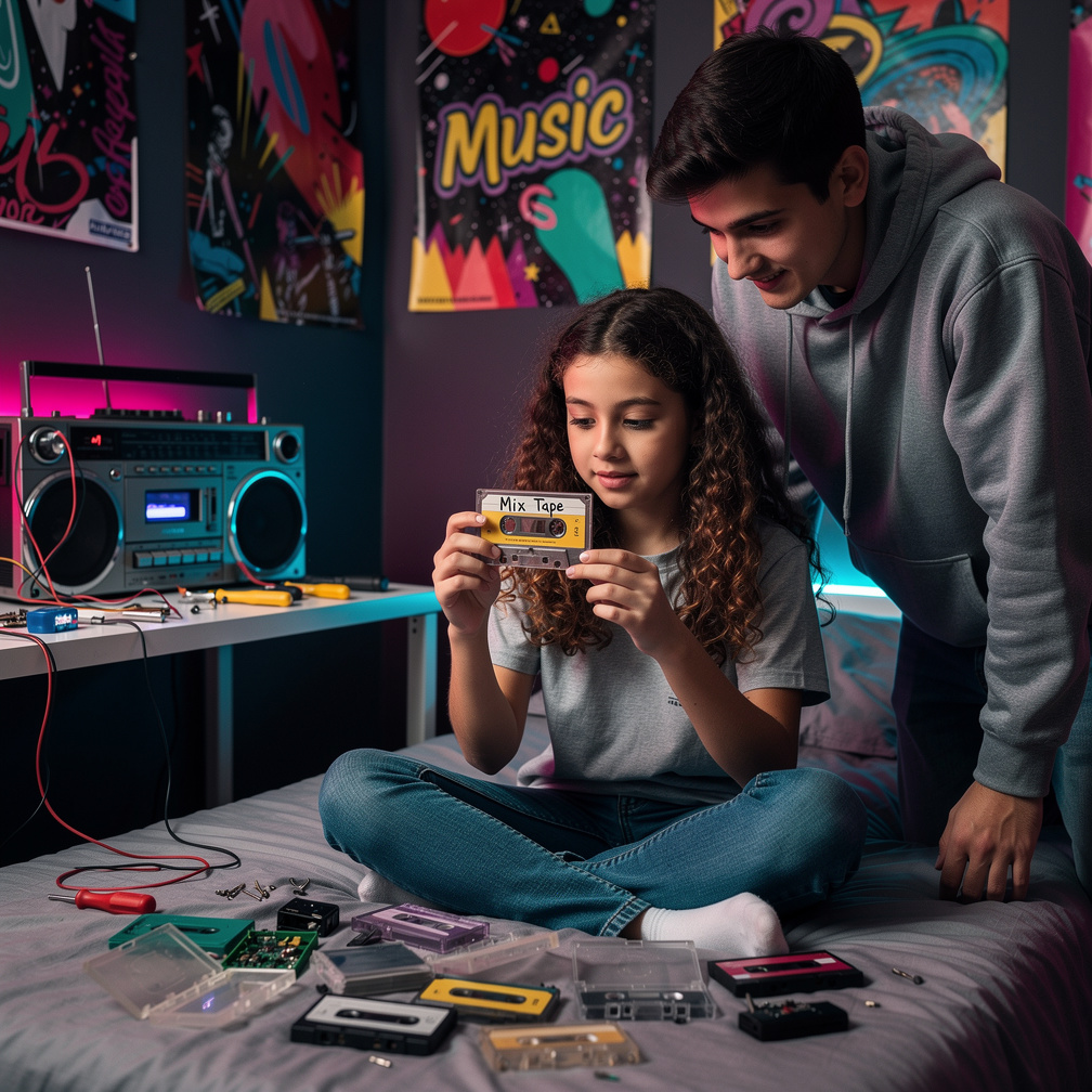 At Home She Grabs Cassette And Fixing with her Older brother.