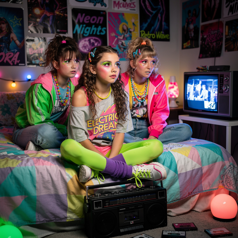 She Wears Inspired by 80s Styles with neon makeup and neon lips hairstyles and Watches MTV with her Friends wearing Too.