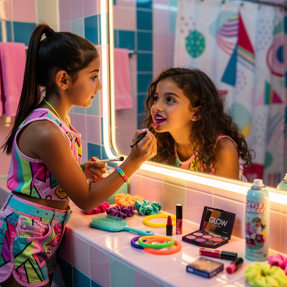 She makes her purple neon lips and makeup at bathroom with her friend Gia.