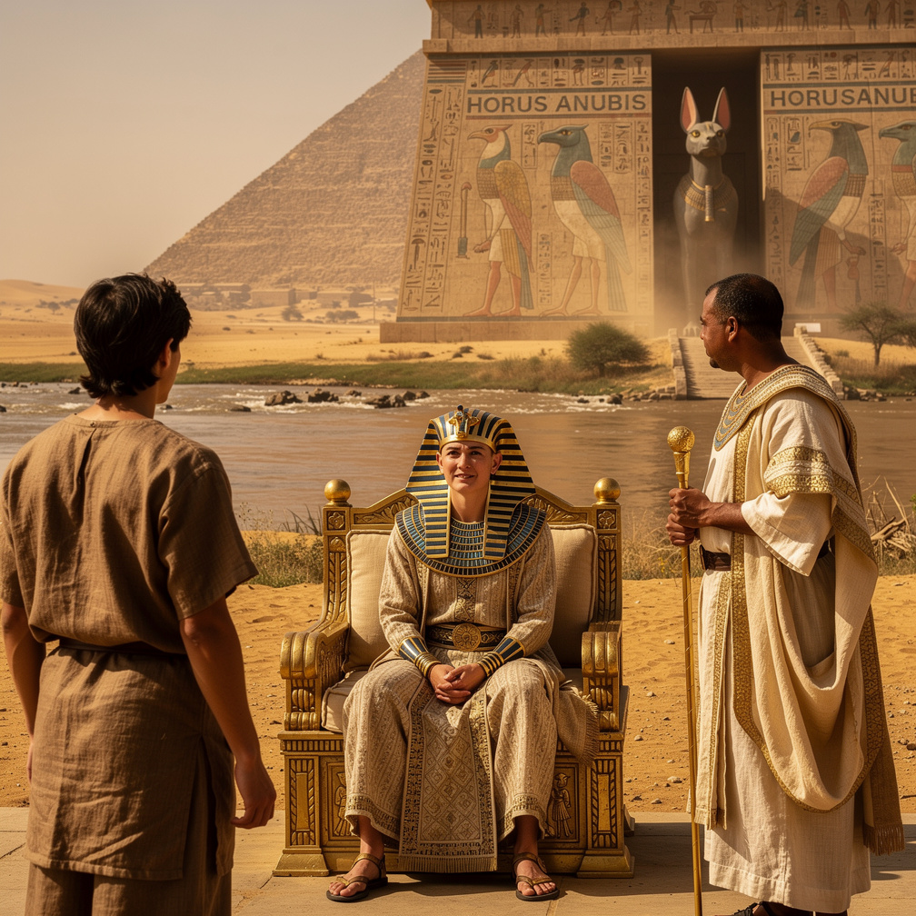 The Pharaoh's eyes widen in awe, believing the flood is a sign from Horus.
