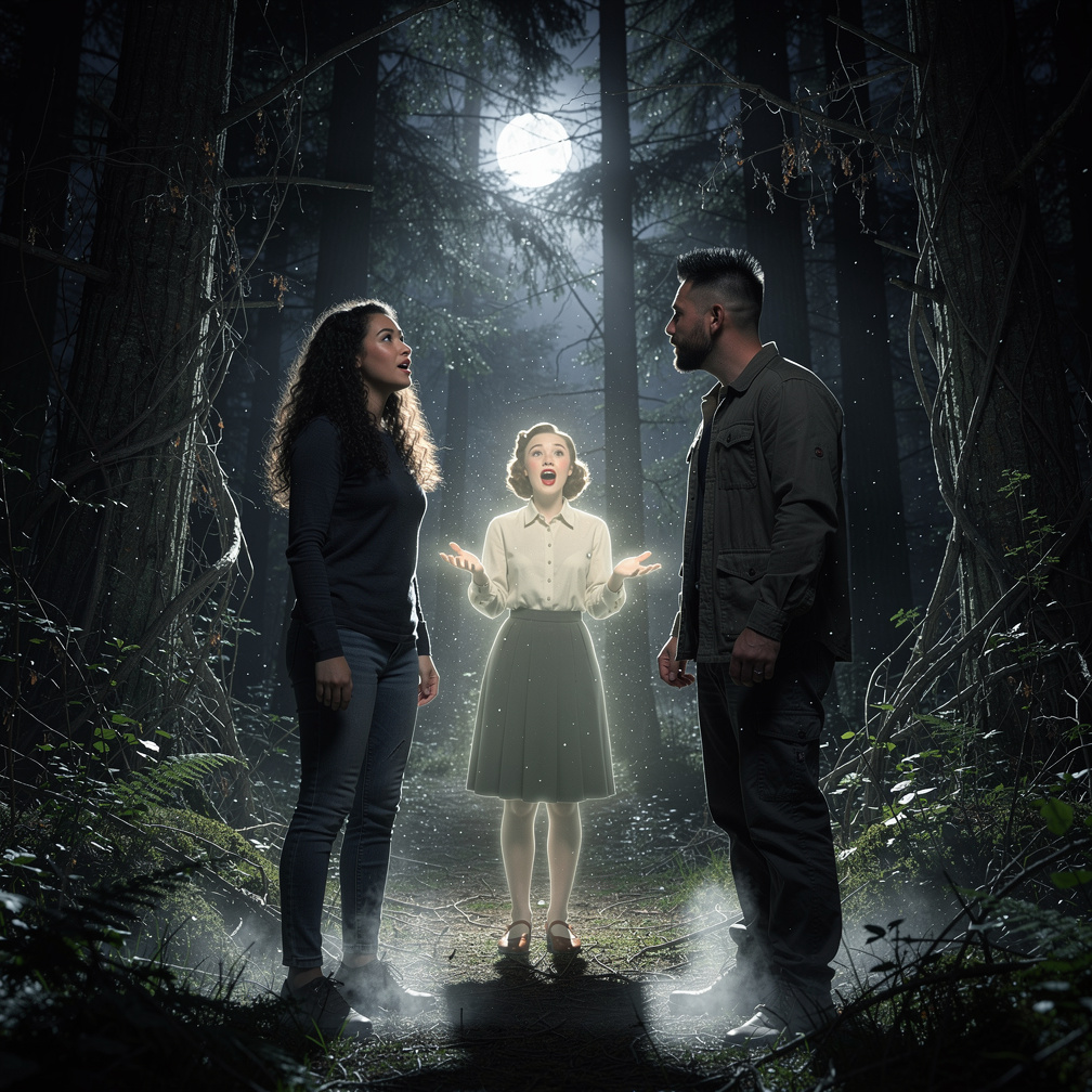 At Forest midnight the girls Saw Ghost Teenage Girl From The 1940s With Saddle Shoes and red lips, light brown hair.
Ghost sa