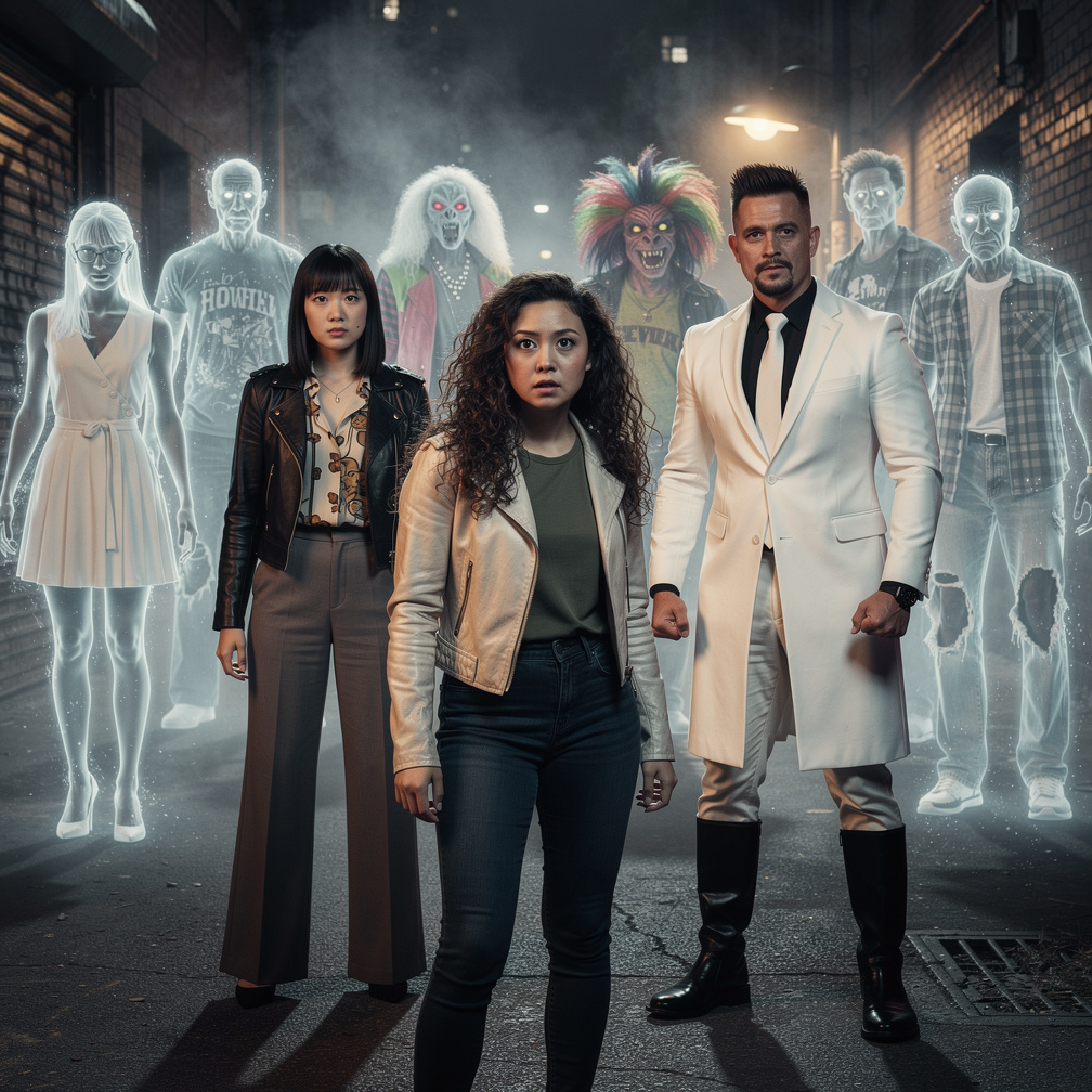 Mia Ji and Stephanie Fujita, Jamie Collins Wears White suit and Long Black Shirt, White tie, Long Black boots are Ready.
The