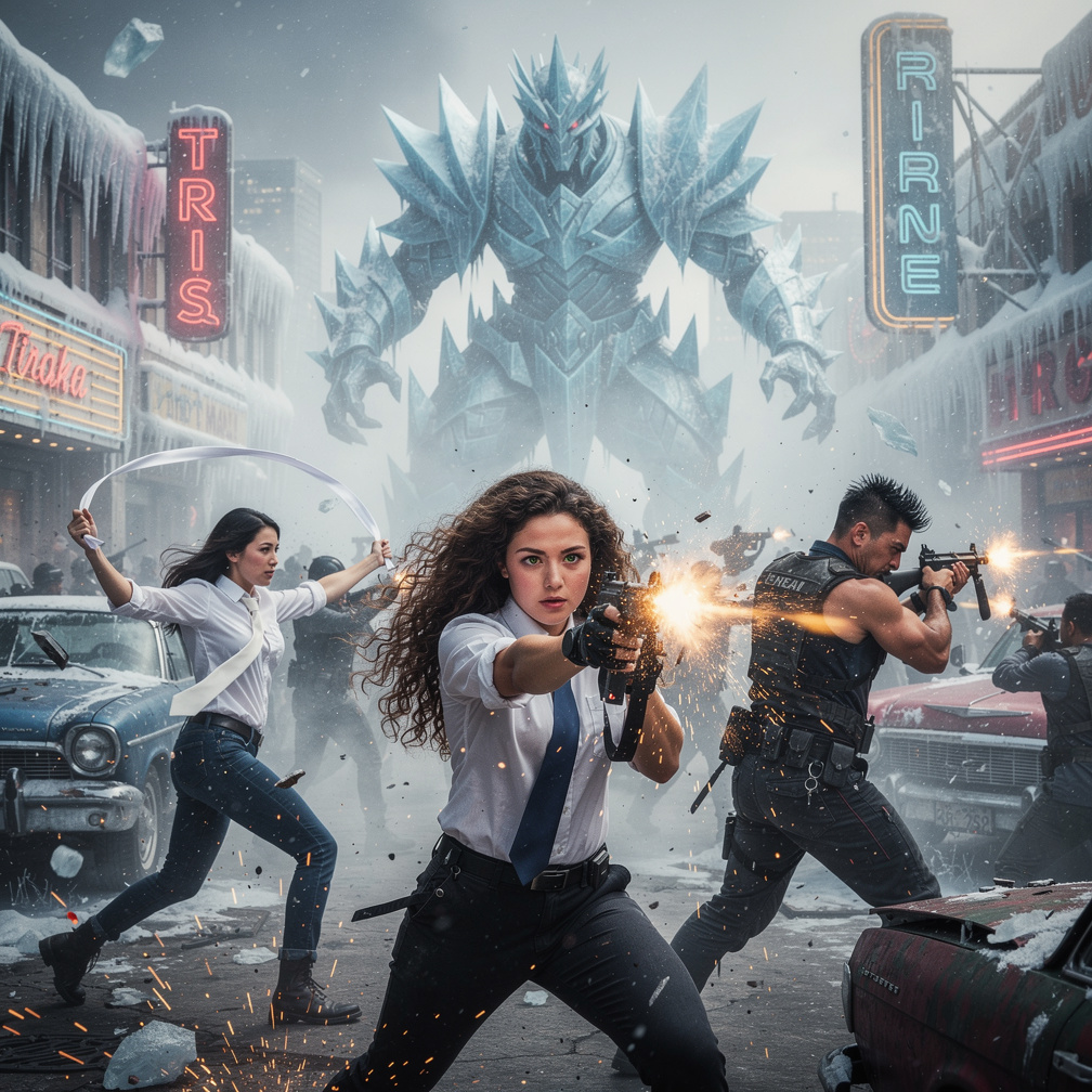 Mia Ji joins Kojo, firing shotguns at the army, while Stephanie Fujita uses her white tie as a whip.