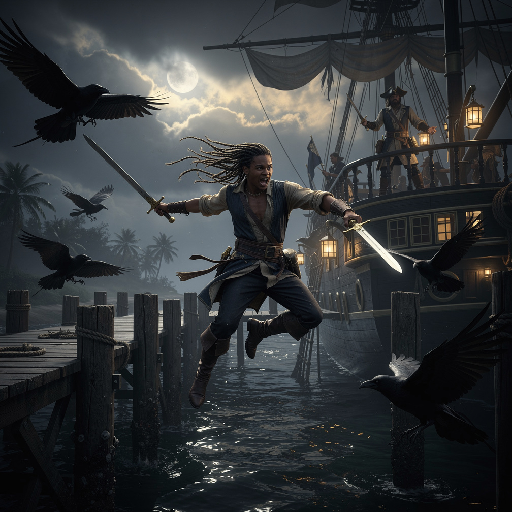 I leap through the shadows, murder crows swirling around me, as I stalk my target, a notorious pirate captain.