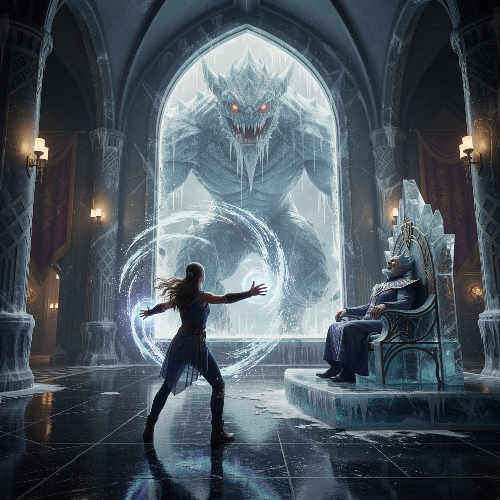 Woah Huge Monster Says Emily De Jong With her Water Power Evil Ice King Tiraka Starts Watching, laughing smiles on his teeth