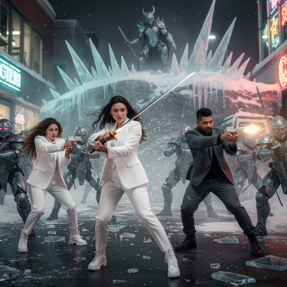 Ondine Morales Using her Katana attacks Evil Ice King Tiraka's Army with Kojo Funny Guy With Guns and Starts Shooting at Evil