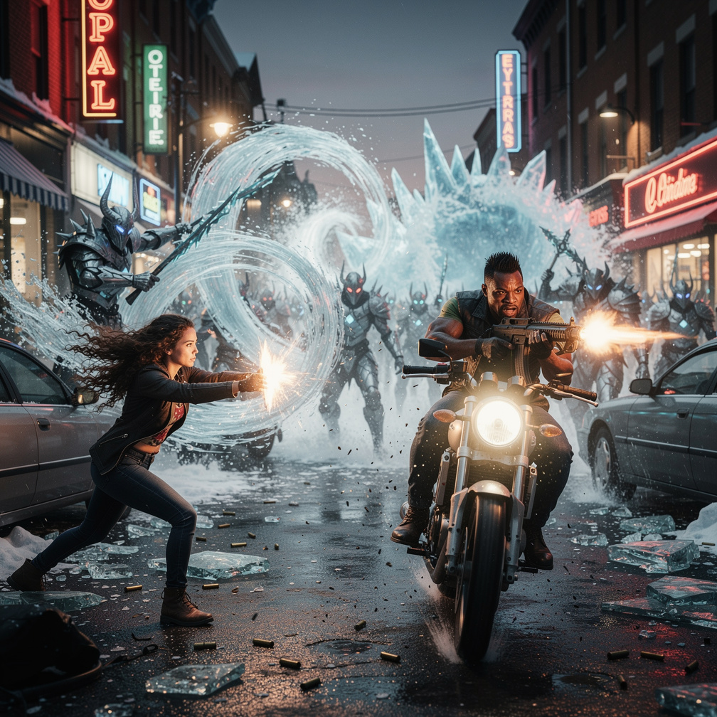 At Motorcycle Jamie Collins and Kojo Asamoah sitting ride it Kojo Starts shooting at Evil Ice King Tiraka's Army then Emily D