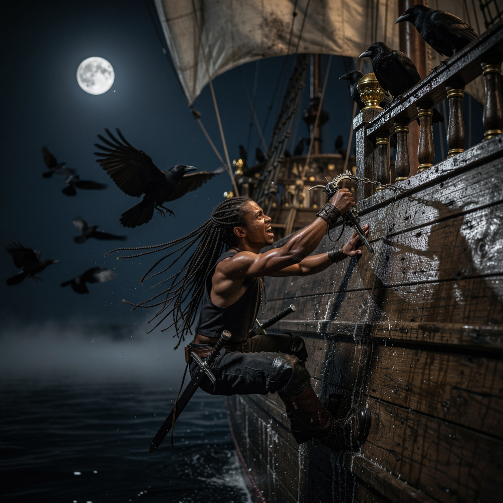 I scale the pirate ship's hull, crows scattering, as I reach for my wrist-mounted grapnel to swing onto the deck.
