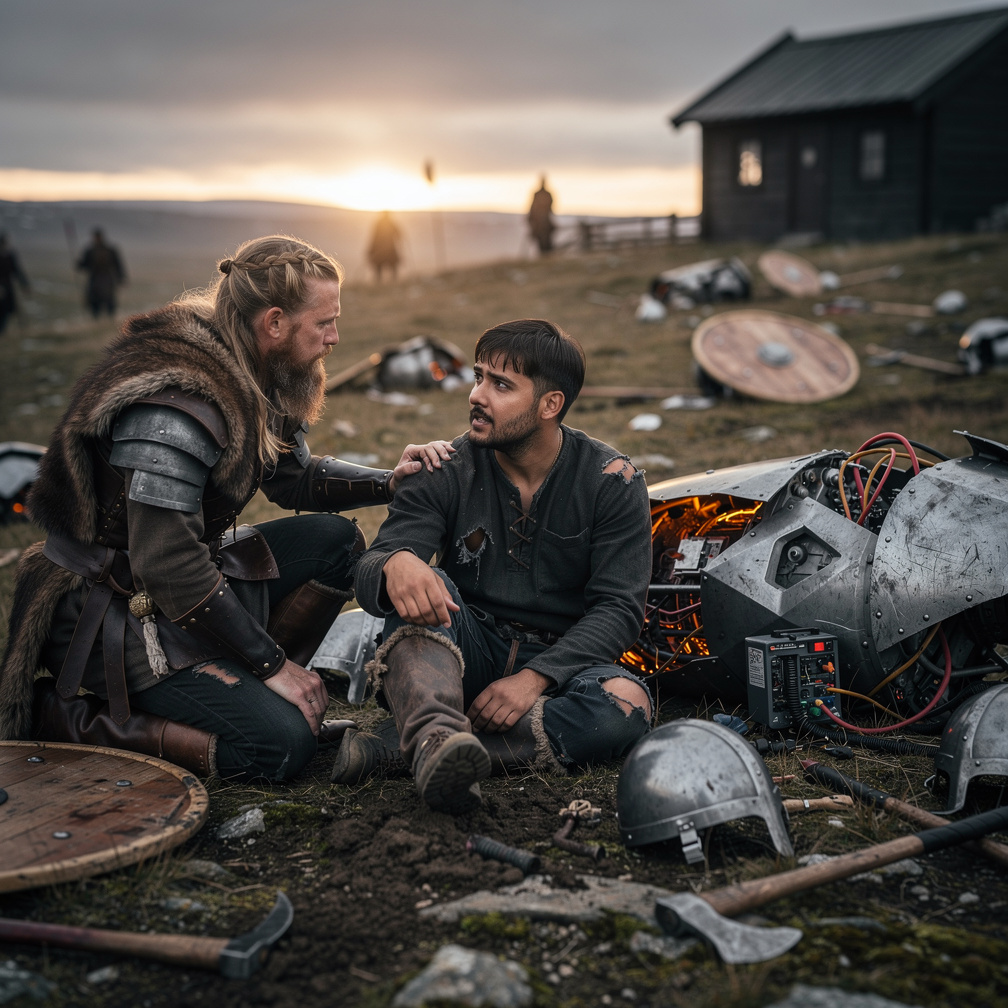 Adamın üzüntüsünü gören genç bir Viking onu teselli etmeye çalışır.