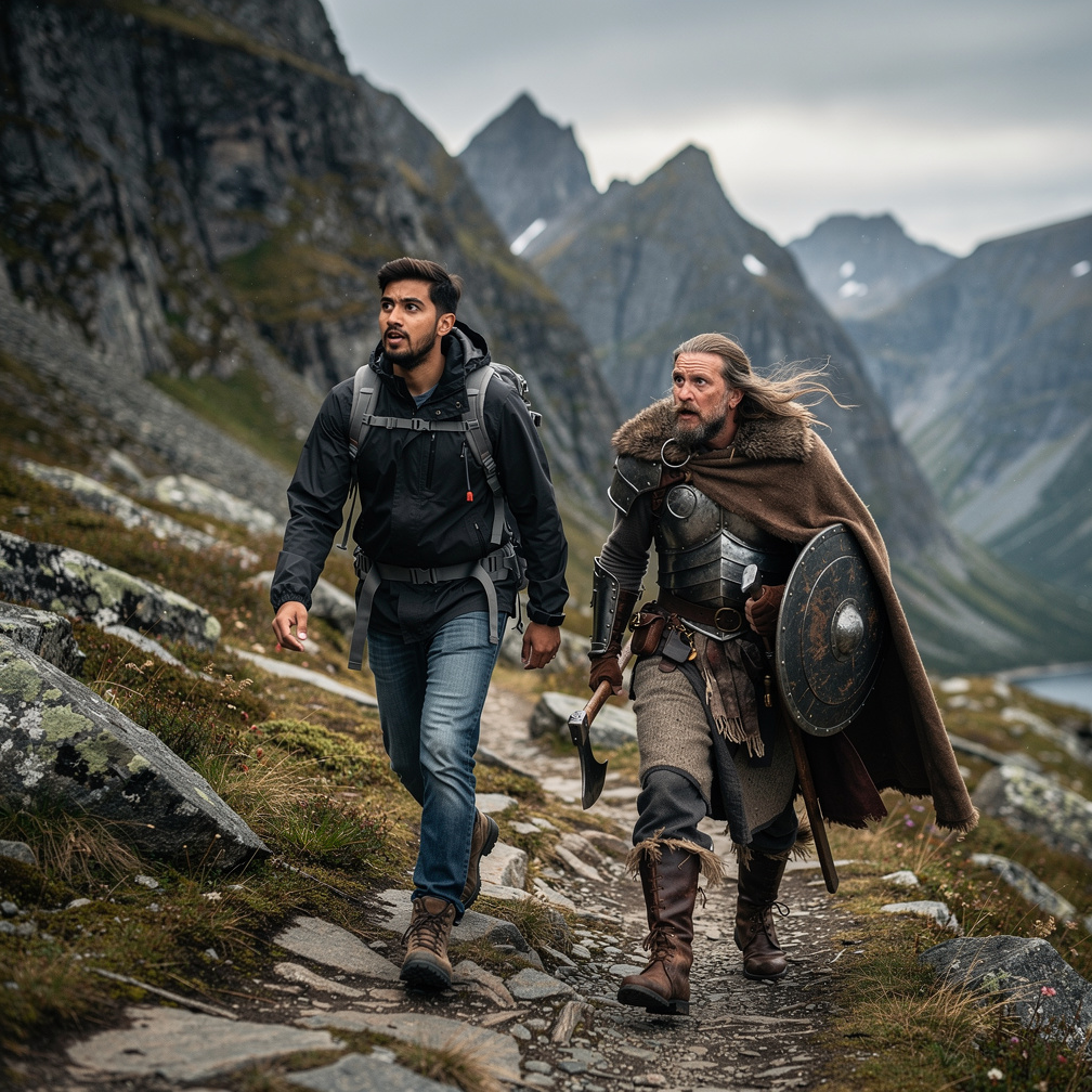 Osman et Larsson marchent vers les montagnes norvégiennes et voient quelque chose.