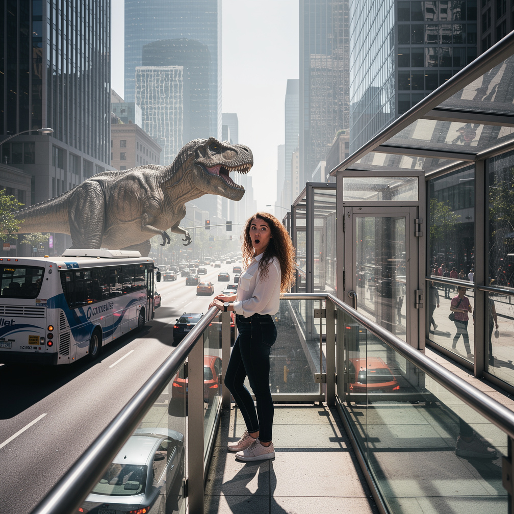 Massive carnivores roamed cities, humans adapted, building elevated walkways and dinosaur-proof shelters, coexisting uneasily