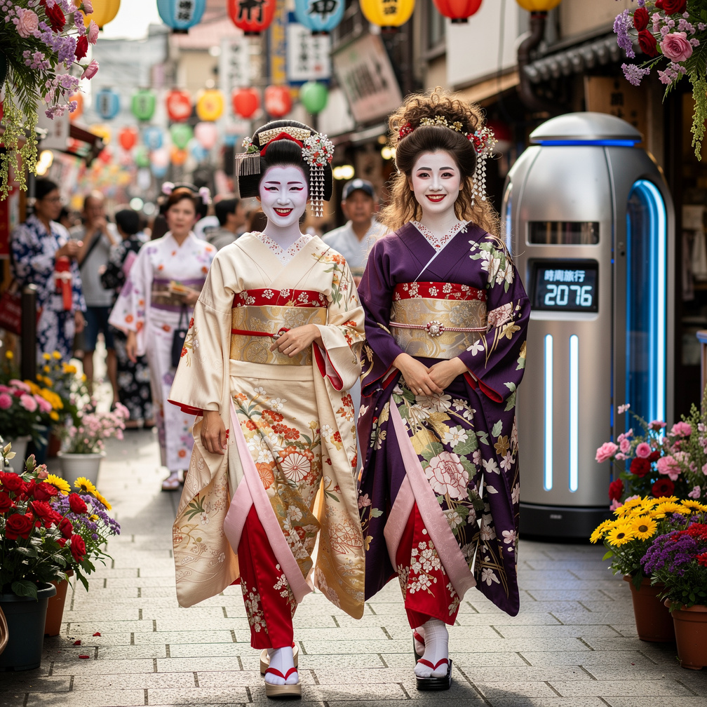 Walking to Osaka With Geisha, Traditional dress A lot of People 
And Flowers.