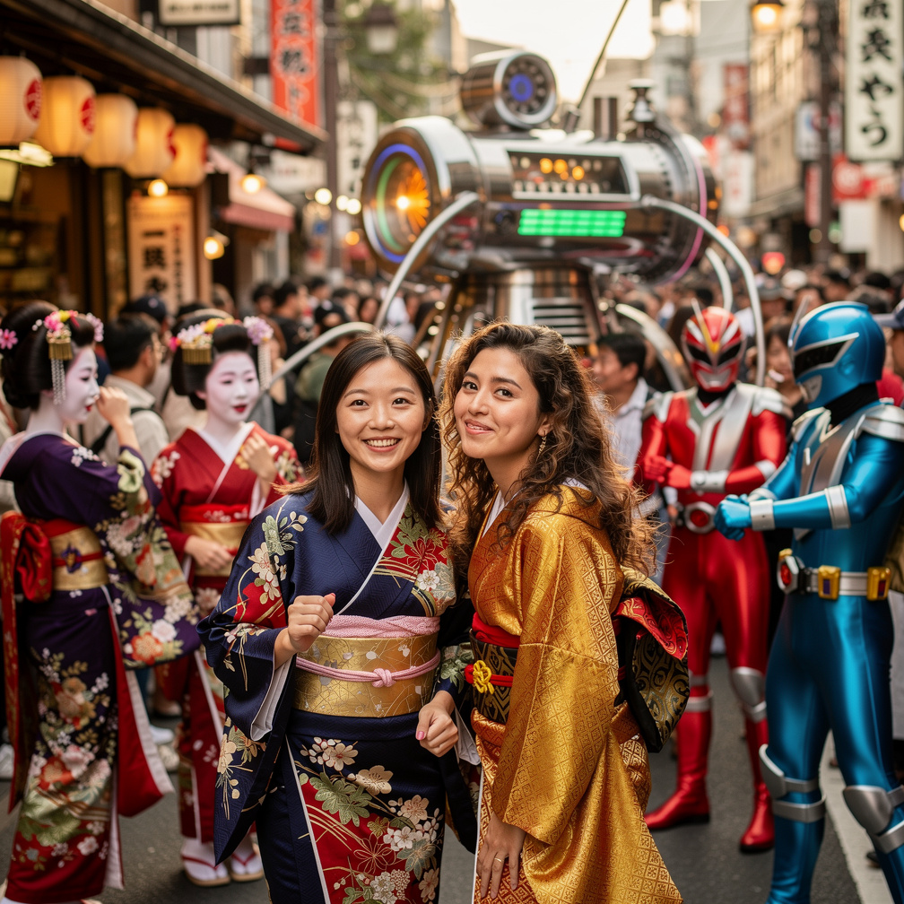 That Was Japan With Geisha, Traditional dress, A lot of People, 
Super Sentai cosplayers.