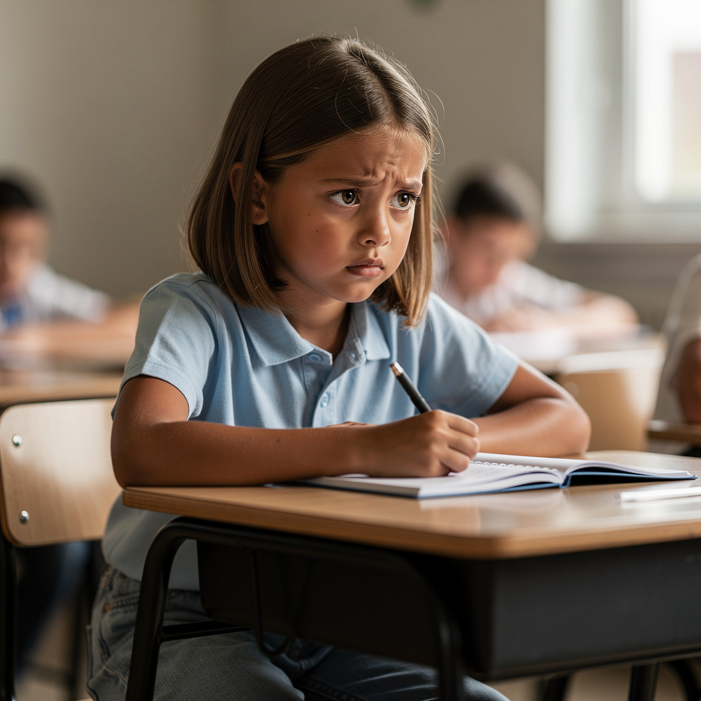 She's sitting alone at her desk, staring at a piece of paper, her brow furrowed in concern.