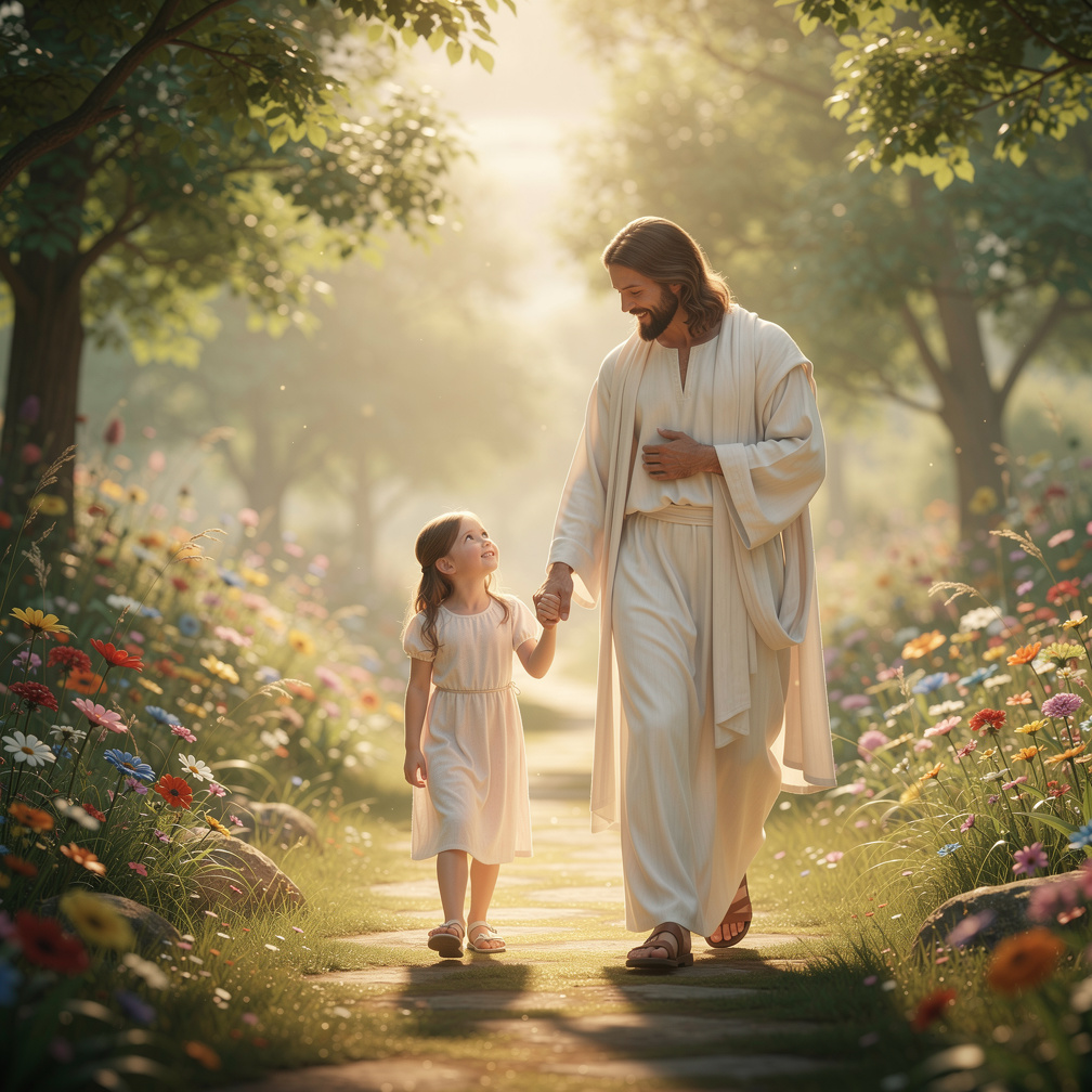 Jesus smiled and said Shantia's name, she looked up at him with wonder, and he took her hand, leading her to a beautiful gard