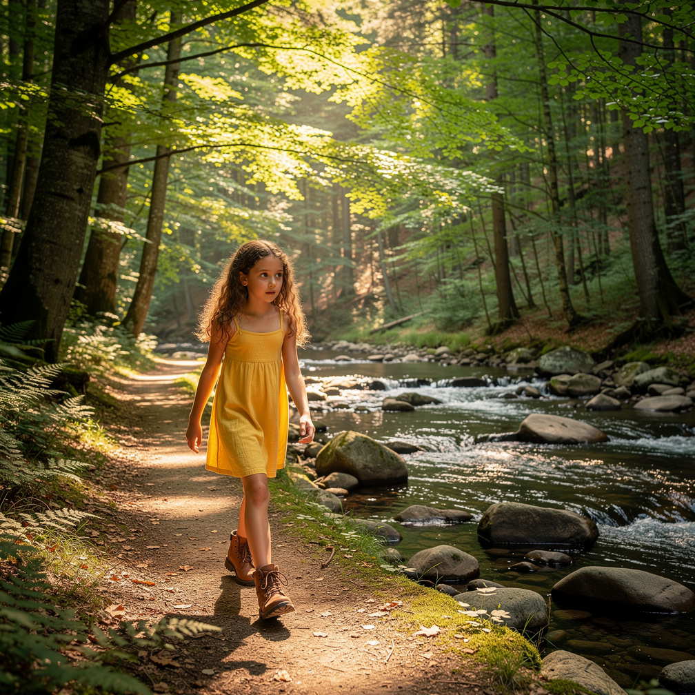 was walking alone in the forest, her curiosity piqued by the sound of running water.