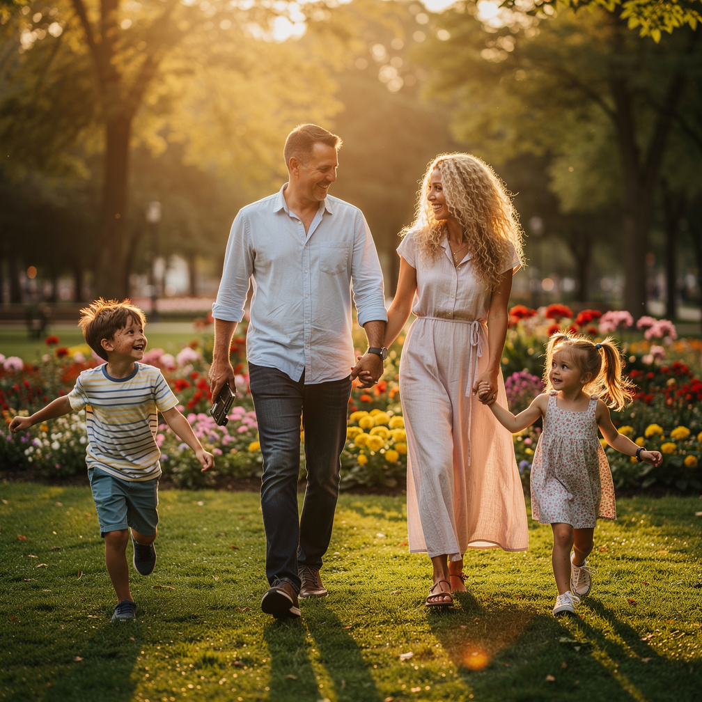 Imagine if: Happy family of four walking in a beautiful park, laughing, holding hands, playing, hugging, taking photos. Warm 