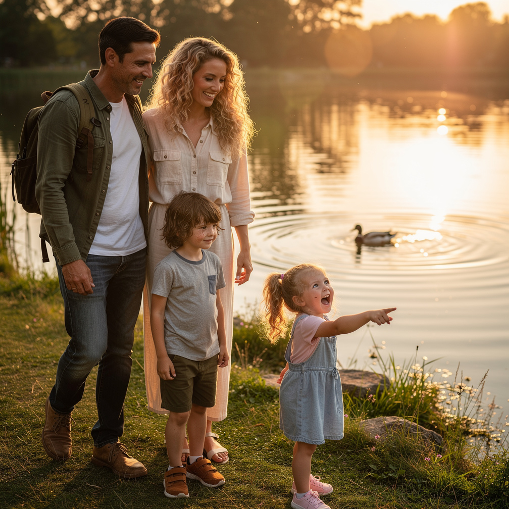 As they stroll, their youngest child suddenly points at a duck swimming in the pond, giggling with excitement.