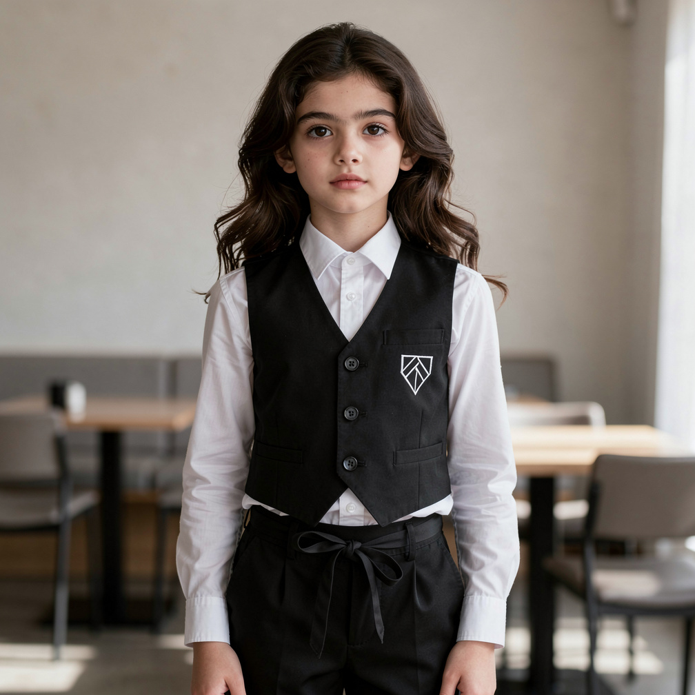 A young boy of 18 yrs old that is as handsome as the most beautiful girl
In the world but wearing a waiter cloth with logo of
