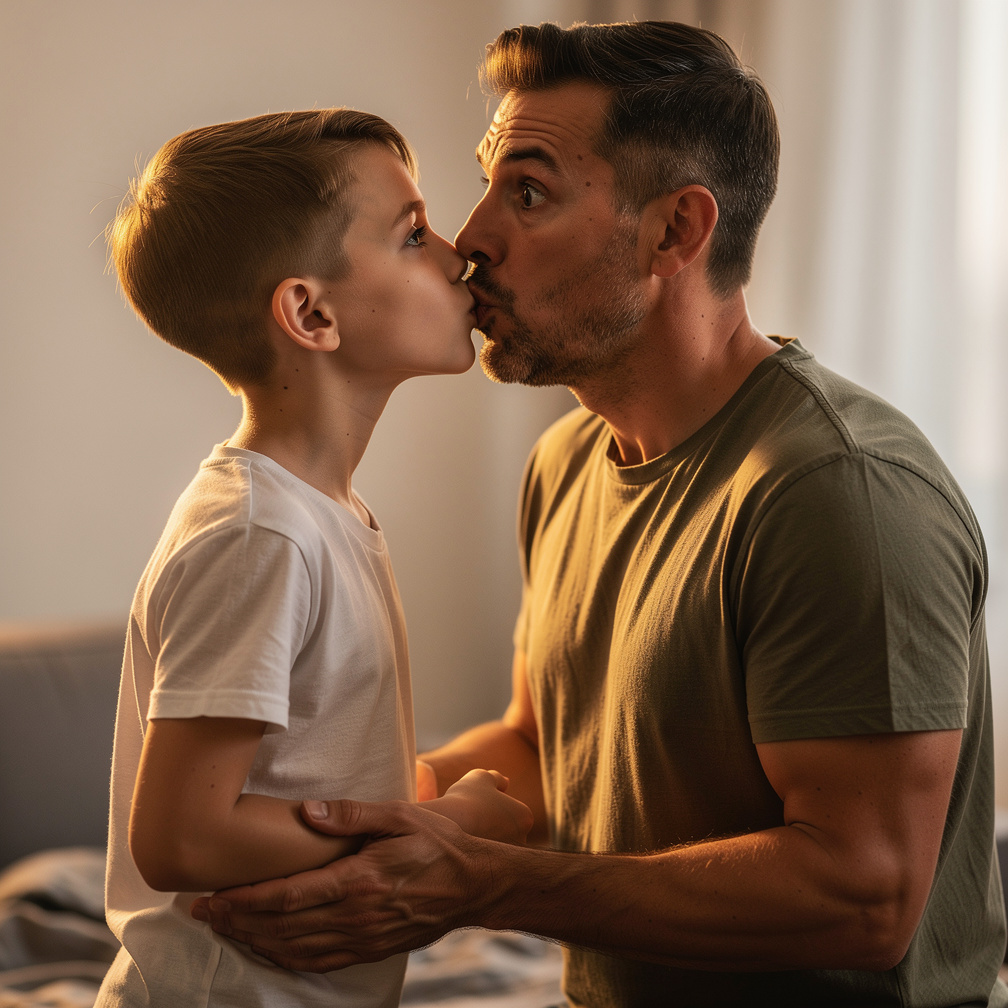 The man's eyes widened in surprise, his hands hesitating on the boy's waist.