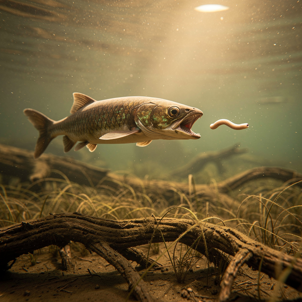 I dart towards a worm, jaws wide, and swallow it whole, feeling energized to explore the murky waters.