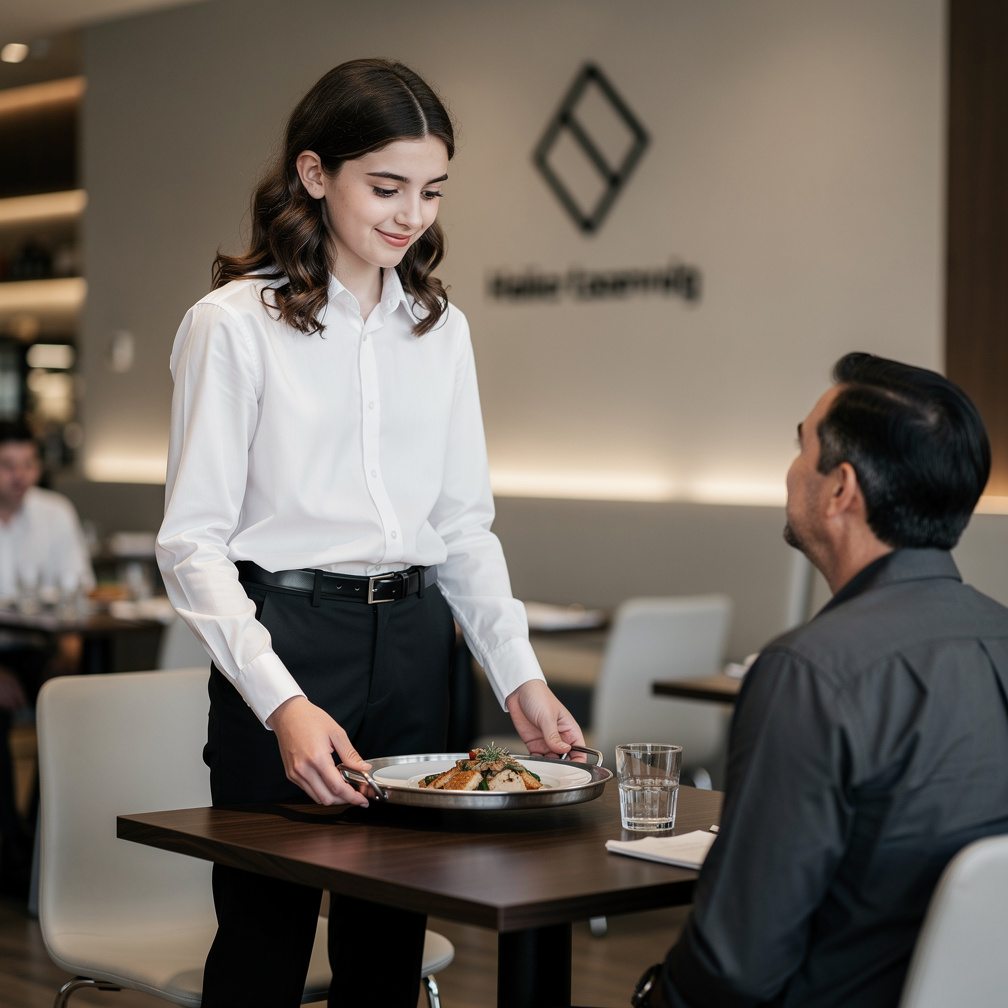 He offers the man a warm smile as he sets the tray down, his eyes locking onto the customer's.