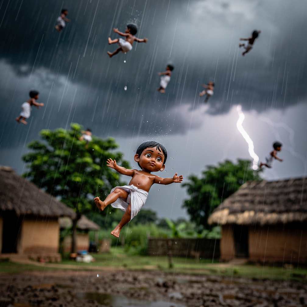 Imagine if: Heavy rain storm in a rural Indian village, dark clouds, thunder and strong wind

Camera: slow motion rain fallin