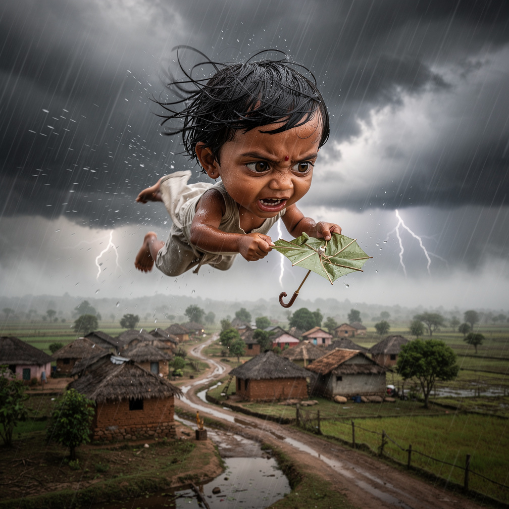 The small human, no bigger than a thumb, struggles to open a tiny umbrella as he plummets towards the ground.