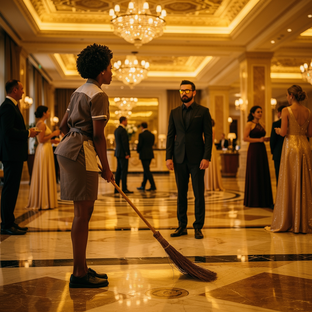 She sweeps the floor, her dark eyes fixed on a guest, a mysterious man with piercing yellow eyes, watching her.