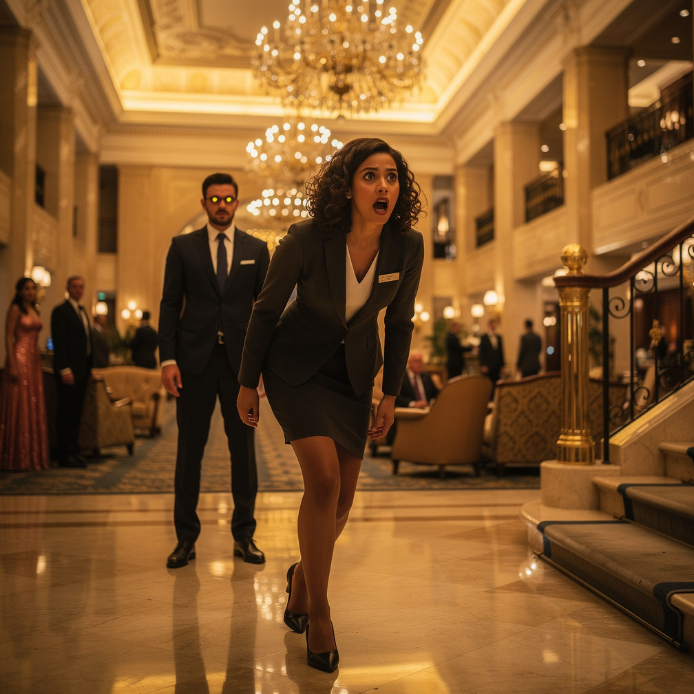She locks eyes with him, gasp and walk away toward the stairway.