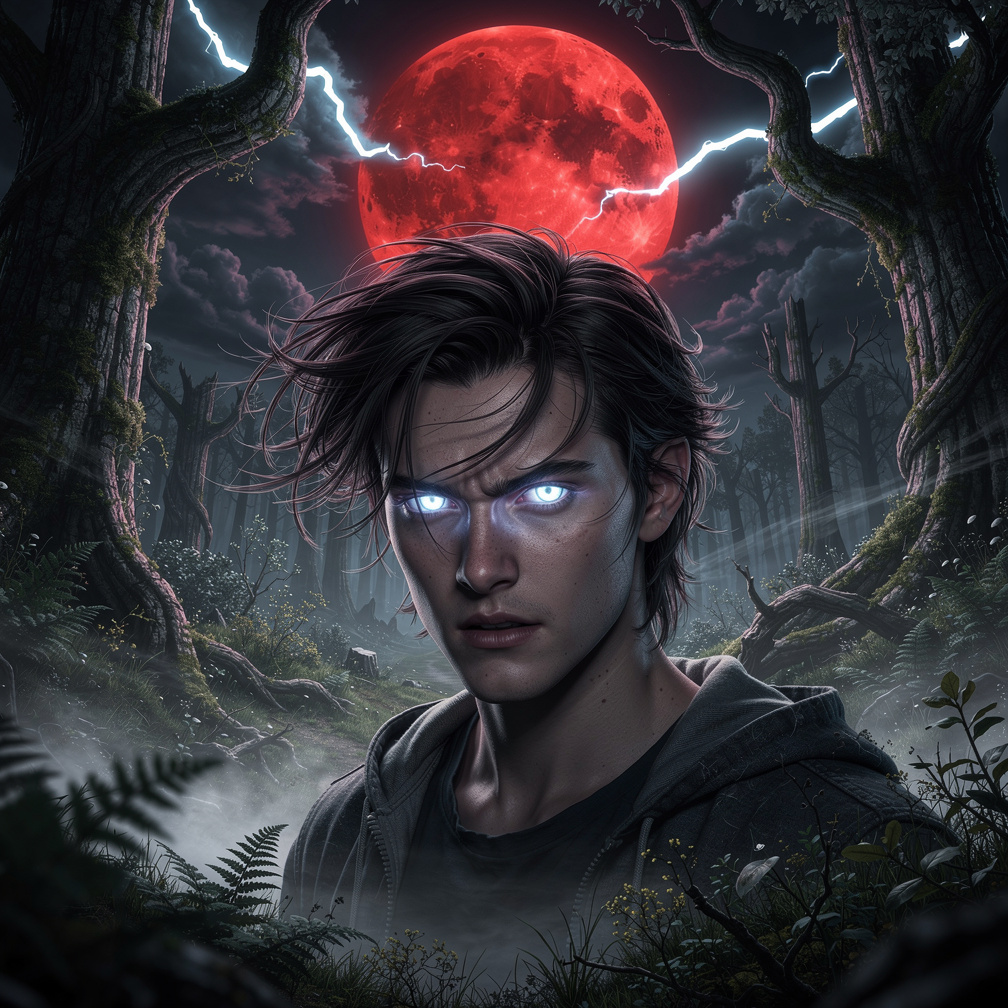 [A flash of lightning. A young Deno stands beneath a red moon, his wolf's eyes glowing.]