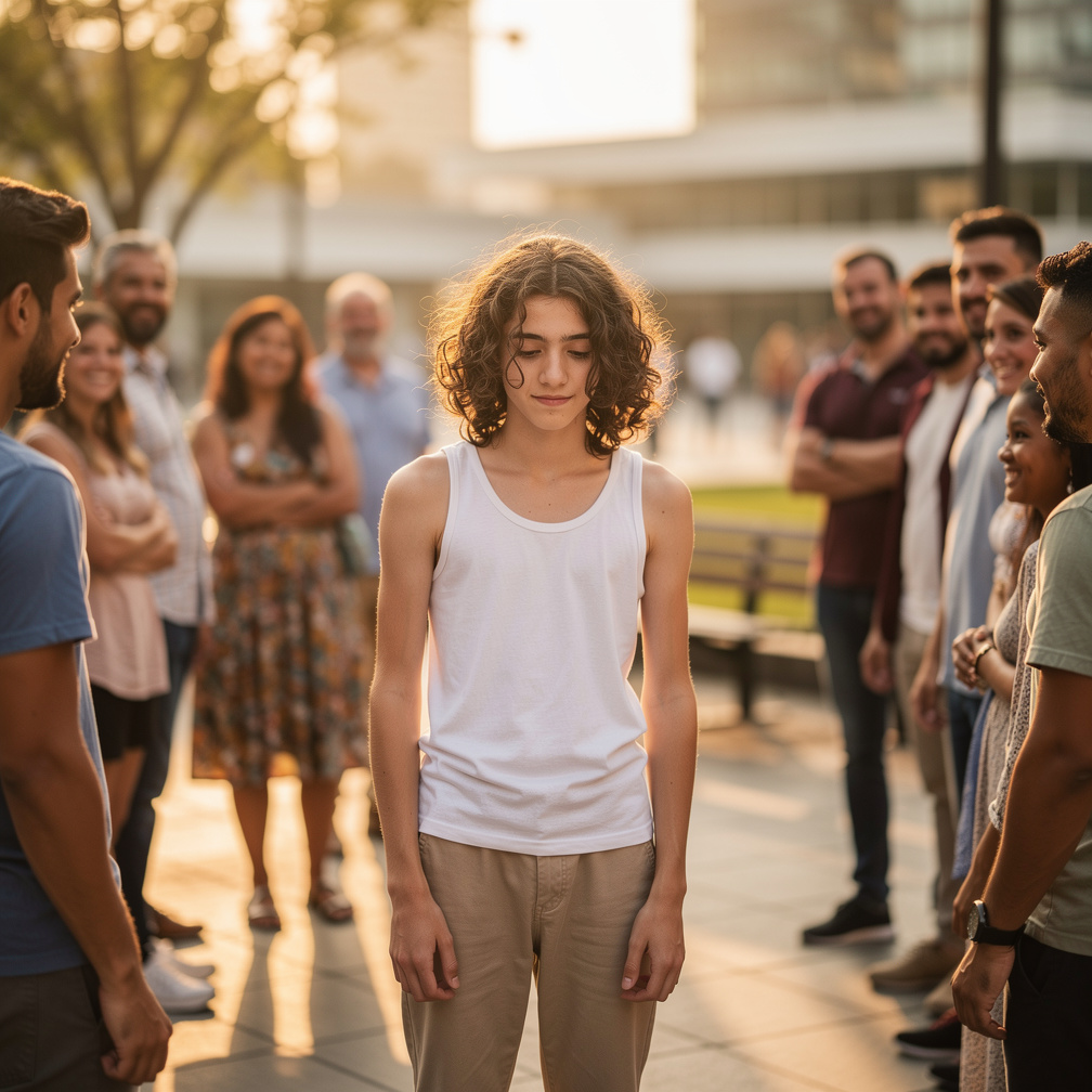 Imagine if: A feminine boy on a singlet and has been gazed at by men and women.