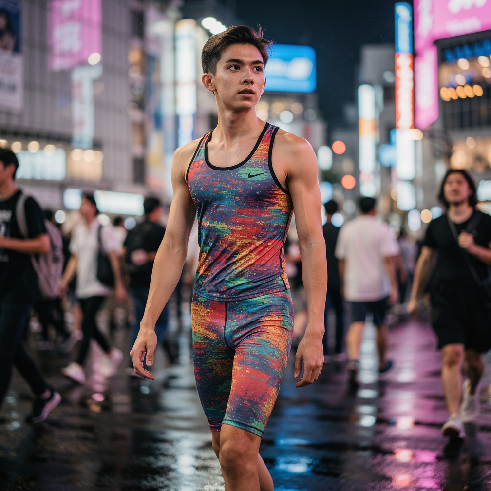 He walked confidently into the vibrant streets of Tokyo, his bright outfit turning heads everywhere.