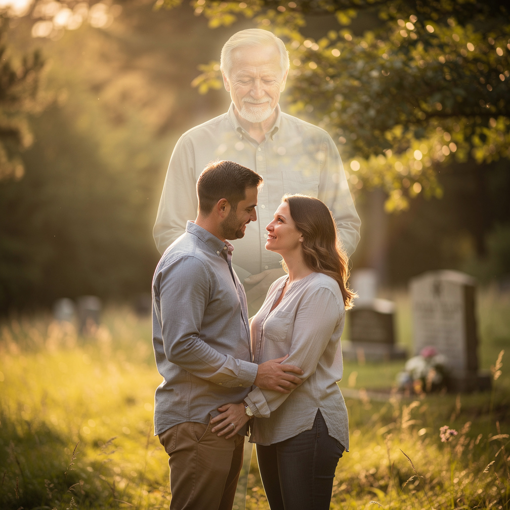 Imagine if: Once upon a time:
There lived a man and his wife, and the spirit of his family.
This guy's father always appears 