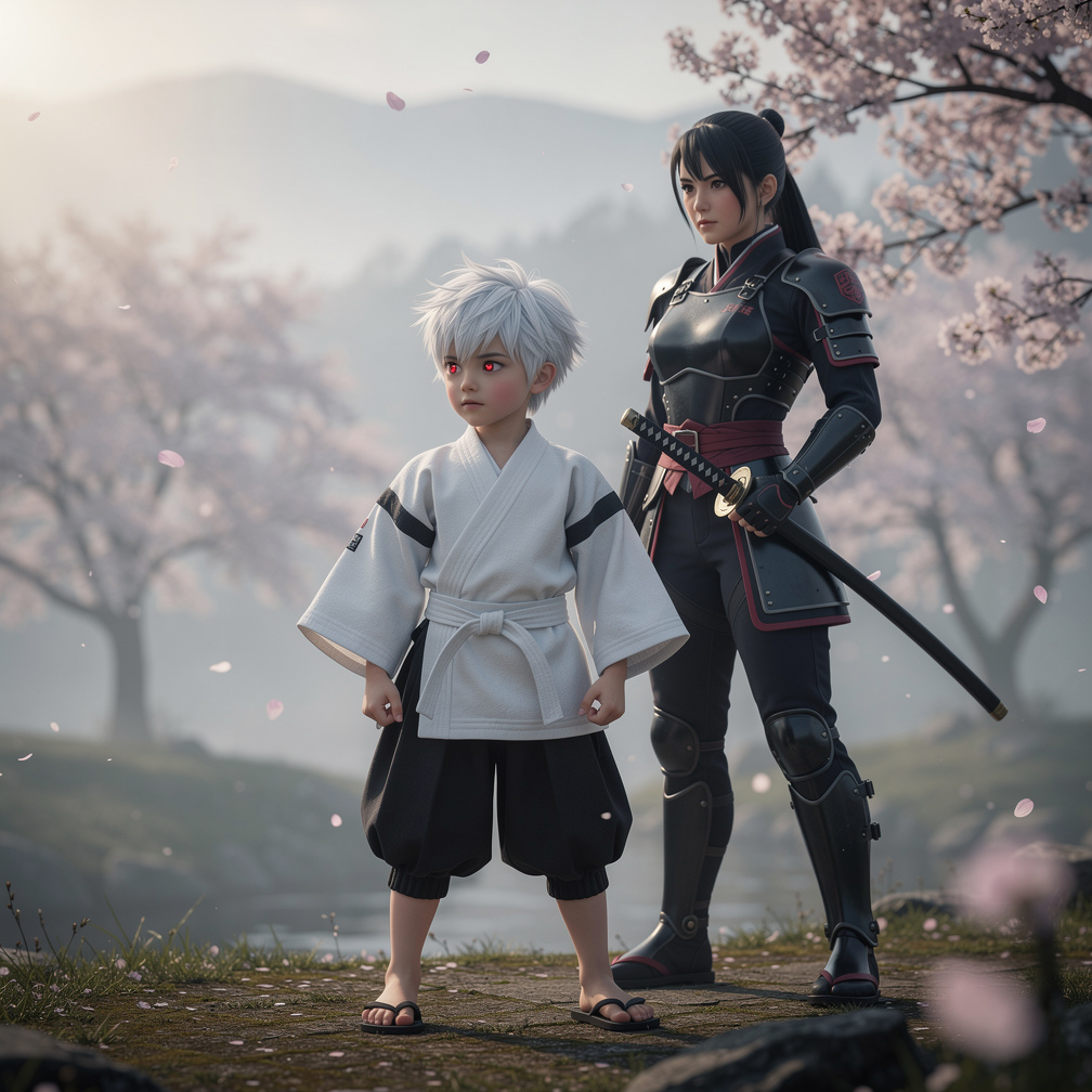 Imagine if: A young boy wishes to become the strongest!!!! White hair with red eyes boy samurai Jack top and black bottom wit