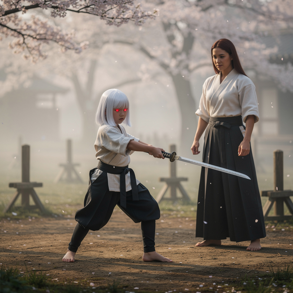 He trains tirelessly, mastering katana techniques, his red eyes burning with determination, as a mysterious kunoichi watches 