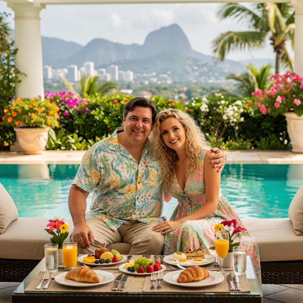 E o casal aproveita a lua de mel, toma um banho de piscina e pede de comida pro casal na varanda da piscina, muito feliz. Par