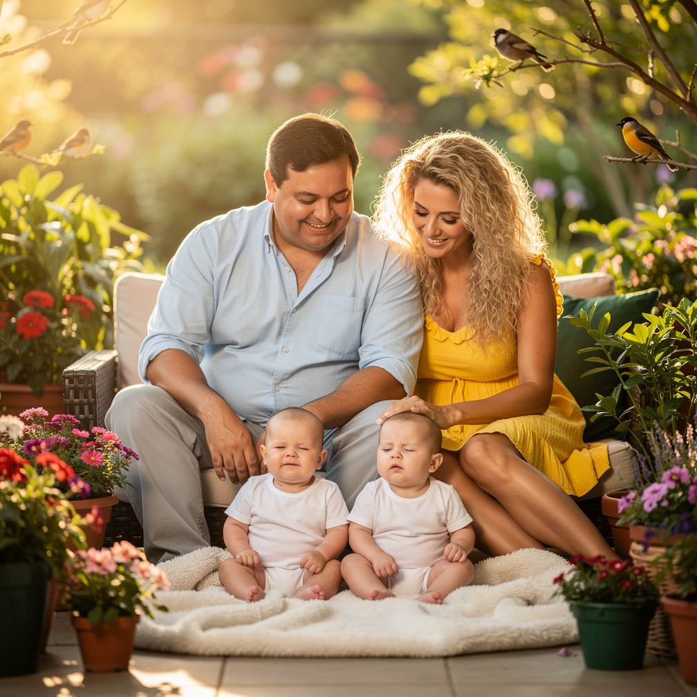 E o casal leva os dois bebê gêmeo pra tomar sol no pátio da casa do casal muito feliz. Para Capítulo 7.