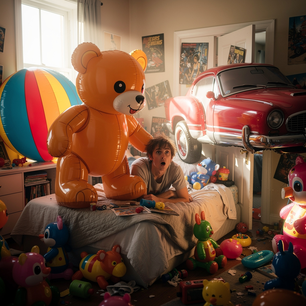 Imagine if: You wake up to find that your room has been filled with giant, inflatable versions of your childhood toys, and th