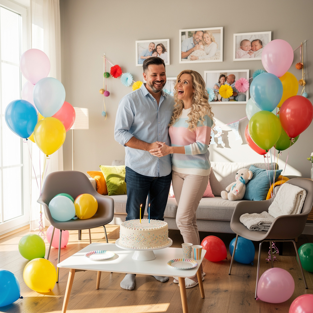 E o casal prepara uma festa surpresa para os gêmeos, com bolo e balões, muito feliz, aguardando a chegada da nova bebê.