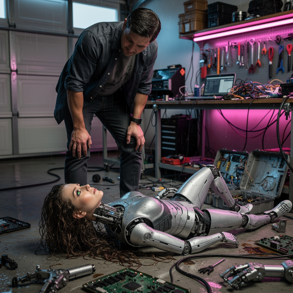 The Woman Robot Falls To The Floor And She Powers Off.