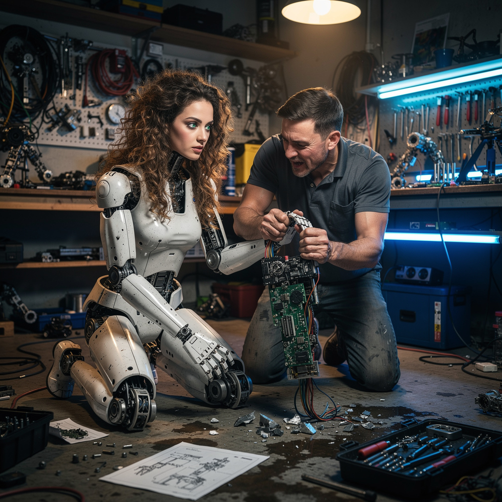 Man: 30-year-old man, short dark brown hair, fair skin, oval face, 5'9" (175cm) medium build, brown eyes | Woman Robot: 29-ye