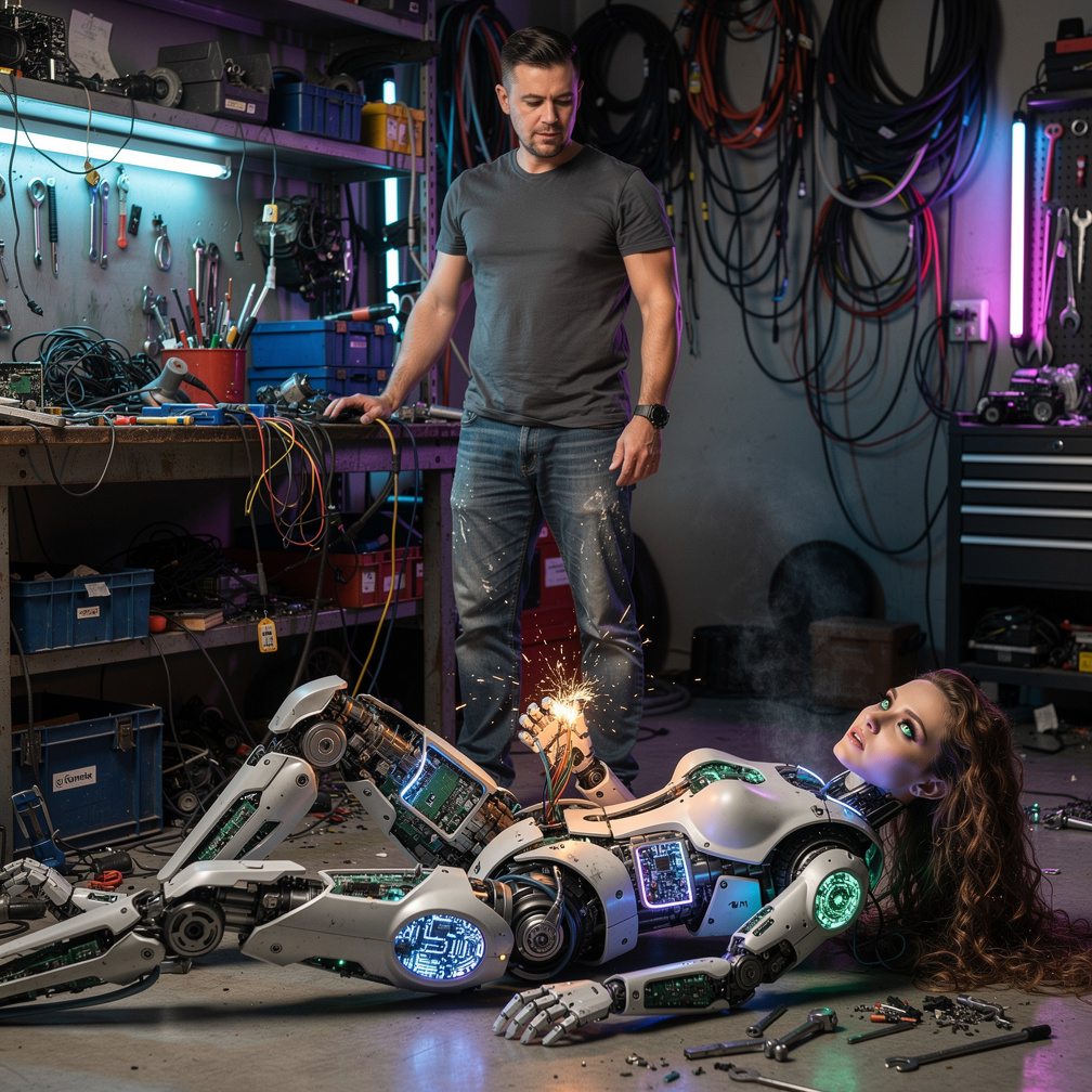 Her left arm lies broken, exposed wires sparking faintly.