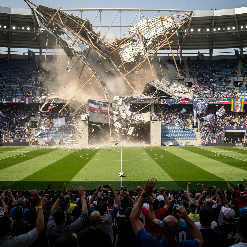 Die Fans strömen in die Stade de France, doch plötzlich bricht ein Teil der Tribüne zusammen und lässt den Ball ins Gras fall