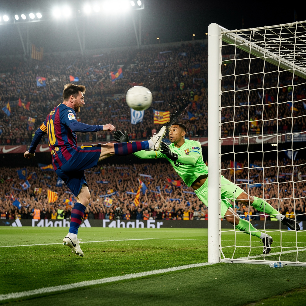 Messi menembak melesat ke sudut atas, kiper Levante terpaksa melompat, tapi bola meluncur ke jaring, memicu sorakan menggema 