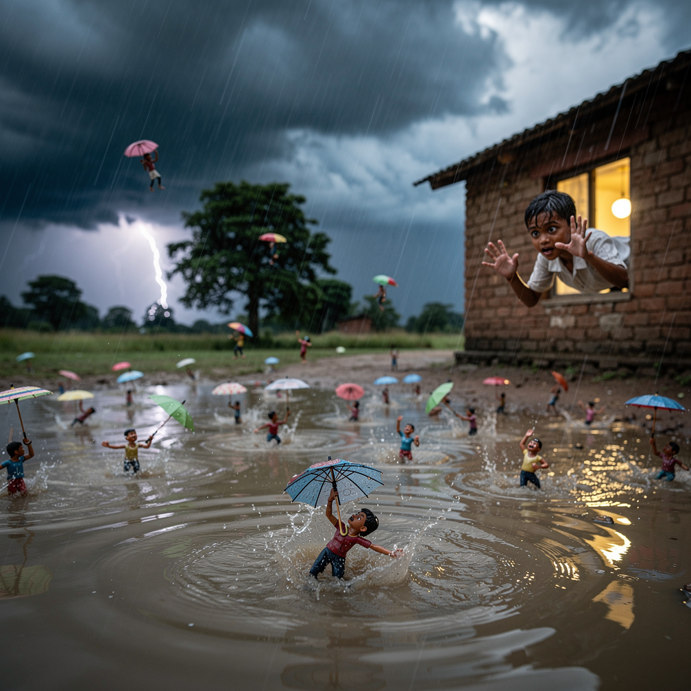 The umbrella catches just in time and he lands in a puddle that is, to him, an ocean. All around him hundreds more are surfac