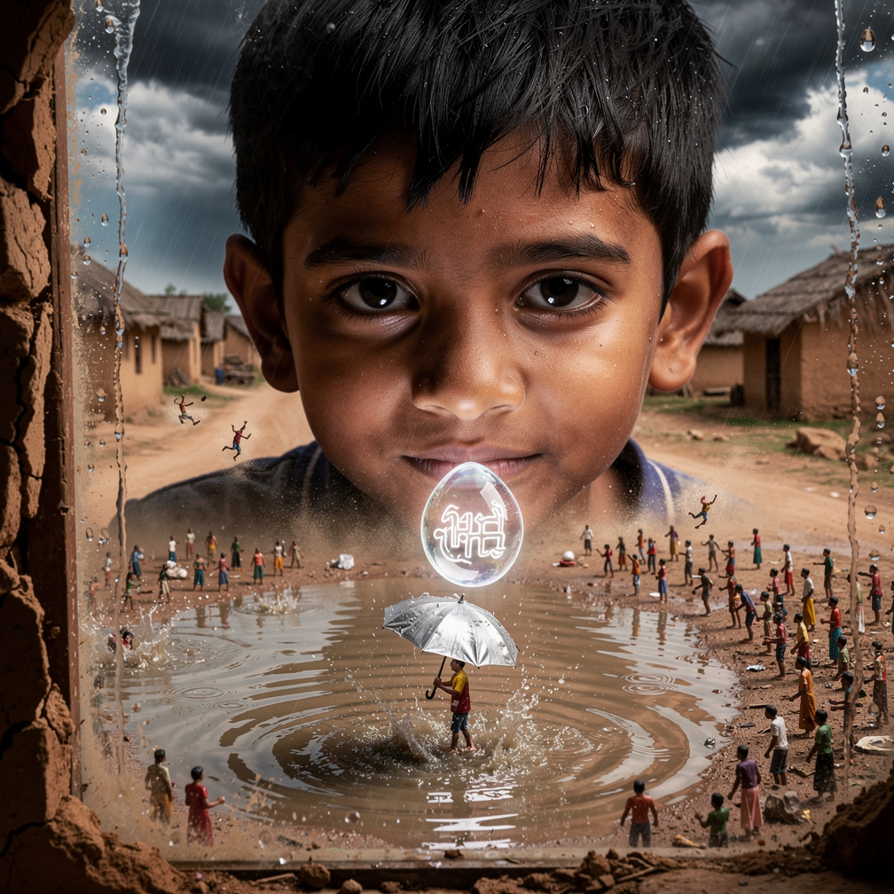 The boy's breath fogs the glass, and as the tiny crowd lifts a single droplet‑high, a faint glow erupts, spelling a word none