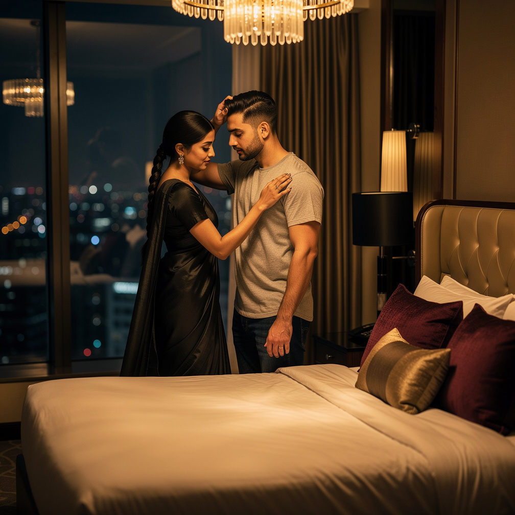She sighs, runs her fingers through his hair, and whispers, “Tonight, let’s forget everything else.” The lights dim as the ci