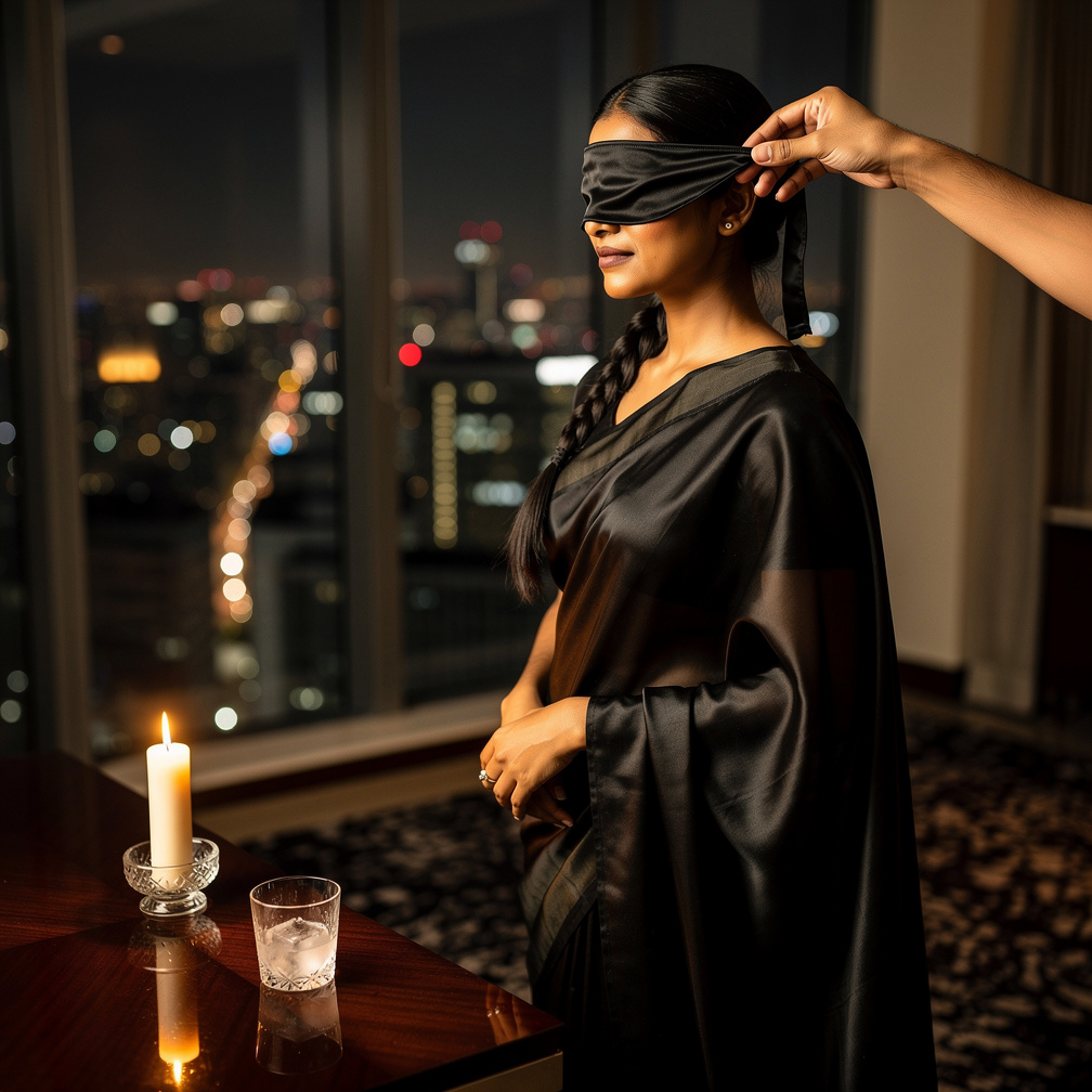 Then I blindfold her.